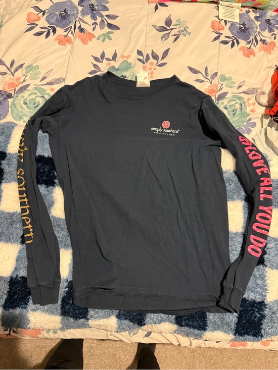 Simply Southern Tops - Simply Southern Navy Long-Sleeve Tee with Pink & Gold Sleeve Text Medium